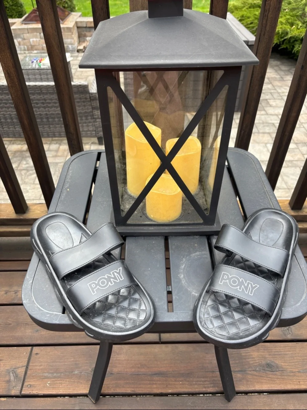 Pony Black Quilted Strap Slide Sandals